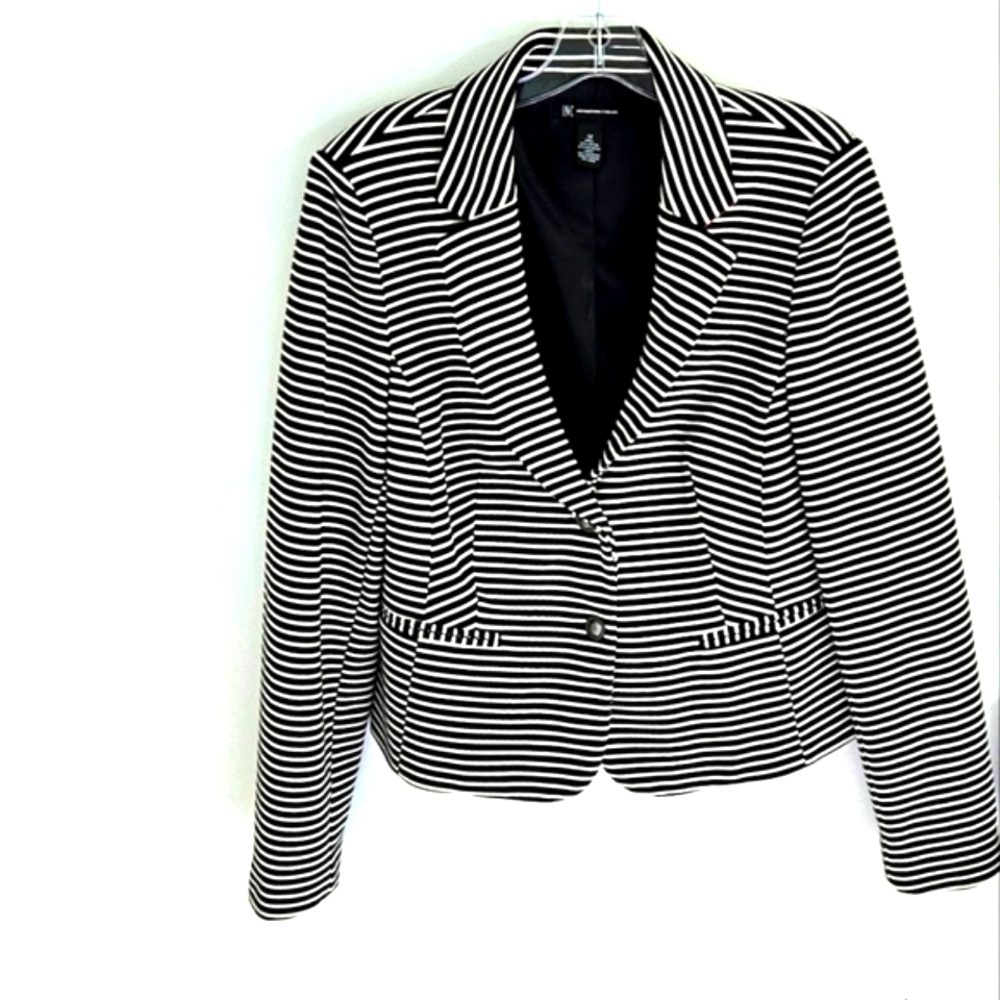 INC black white stripe blazer two button